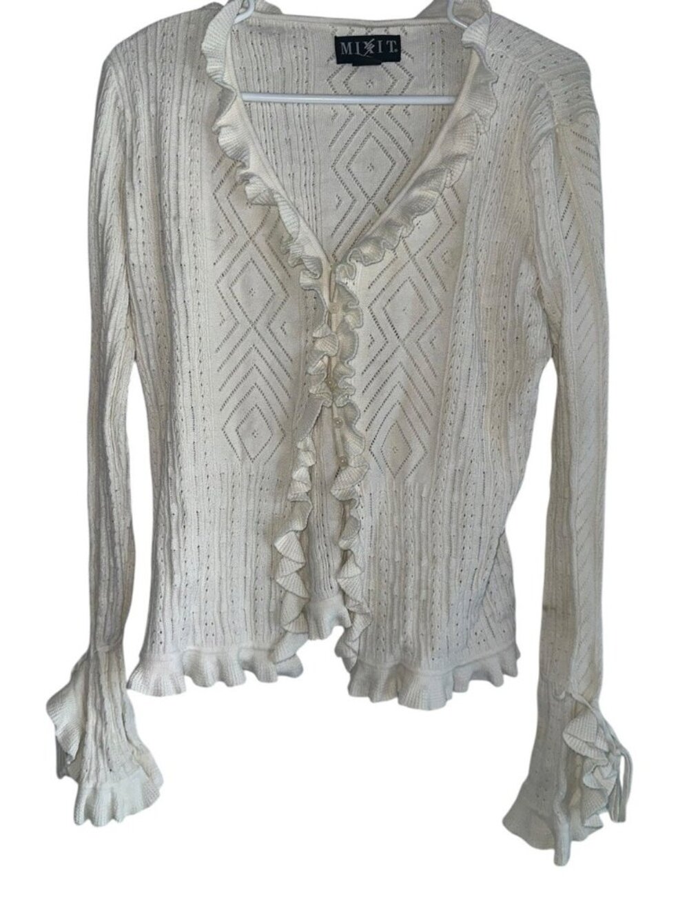 Y2K Mixit Womens Ruffle Knit Cardigan Sz L White Pointelle Twee Fairy Boho